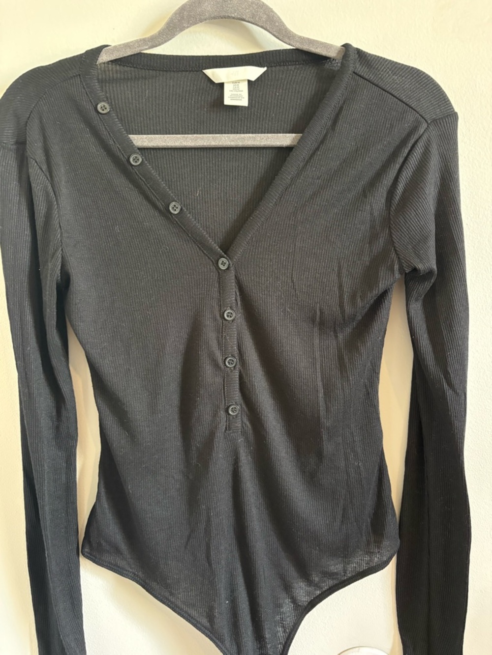 H&M Black Ribbed Long-Sleeve Henley Bodysuit